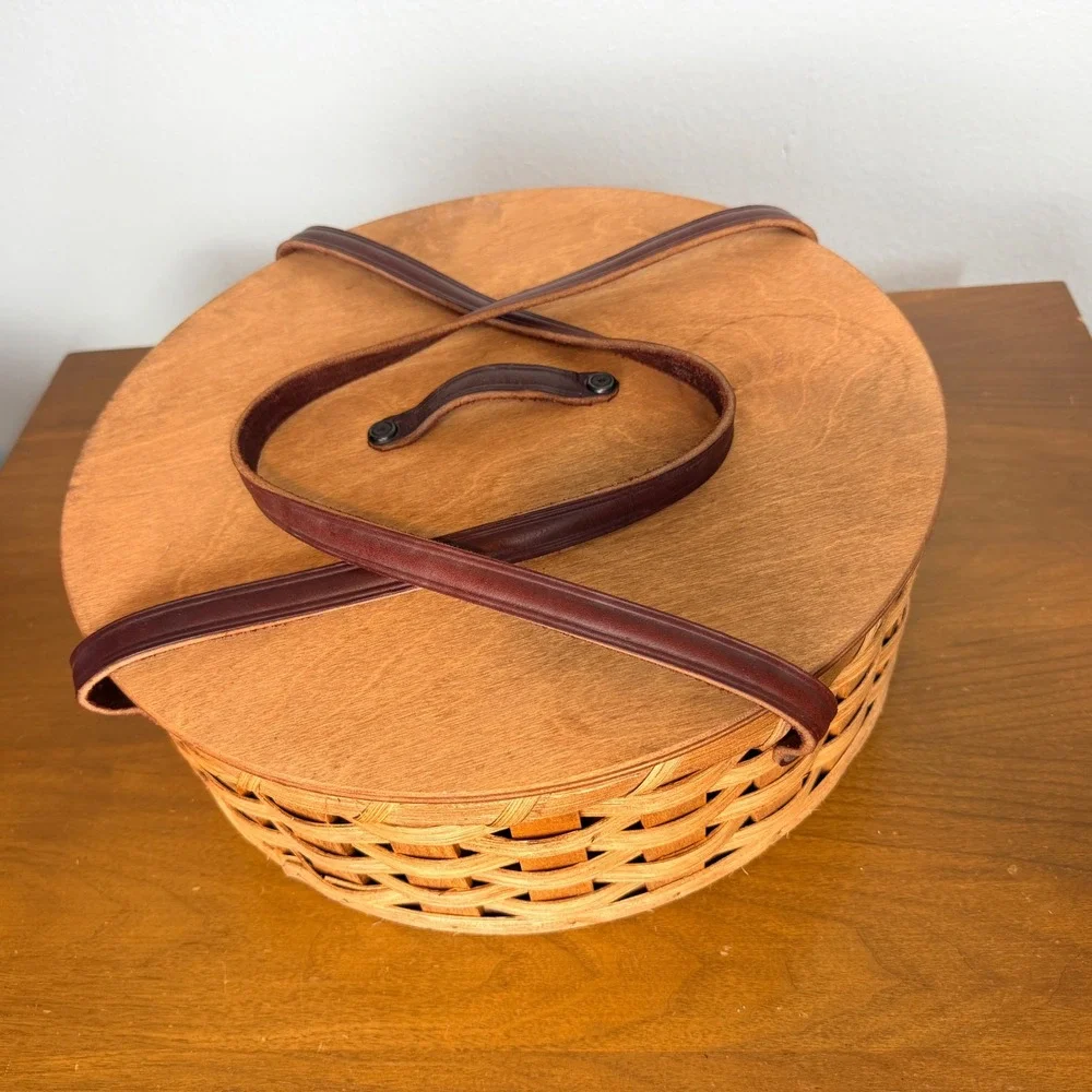 Handmade Pie Basket Large Brown Woven Wood Carrier Vintage Leather Straps
